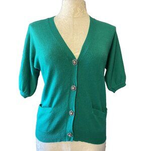 Talbots Cardigan Sweater Green PS Petite Small Short Sleeve Cashmere Crystals